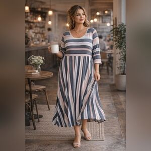 Striped Midi Dress with 3/4 Sleeves - Pink, Gray & White